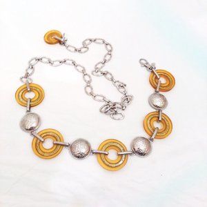 Chico’s Silver Chain Belt Amber Disc Circle Hammered Silver Cap